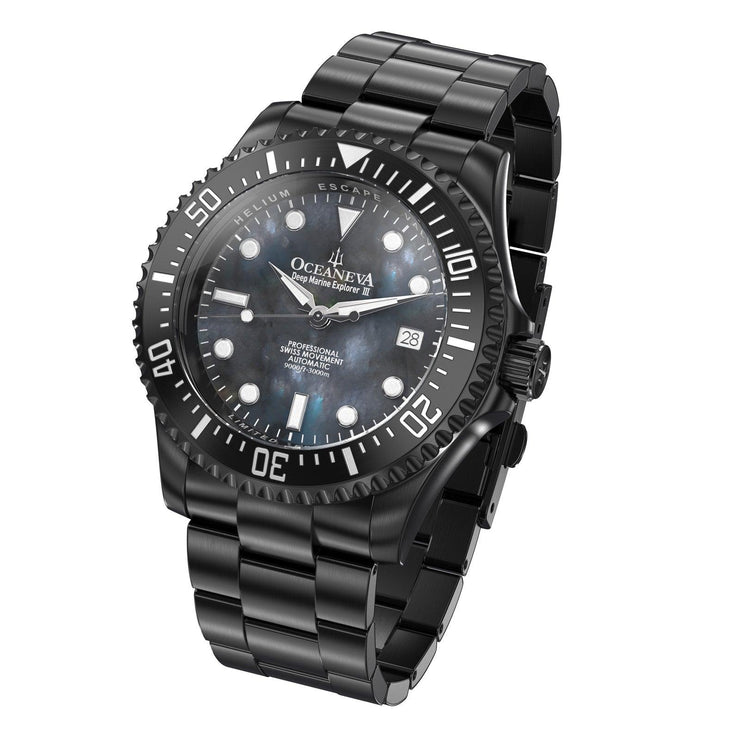 Oceaneva Deep Marine Explorer III Automatic 3000M Pro Diver Black Gray Mother Of Pearl Limited Edition - Watches.com - BKIIIGMMP200BK