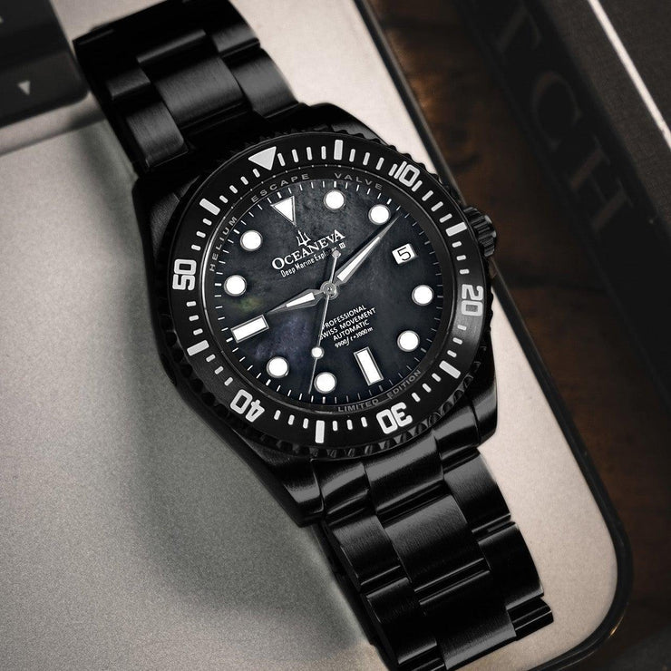 Oceaneva Deep Marine Explorer III Automatic 3000M Pro Diver Black Gray Mother Of Pearl Limited Edition - Watches.com - BKIIIGMMP200BK