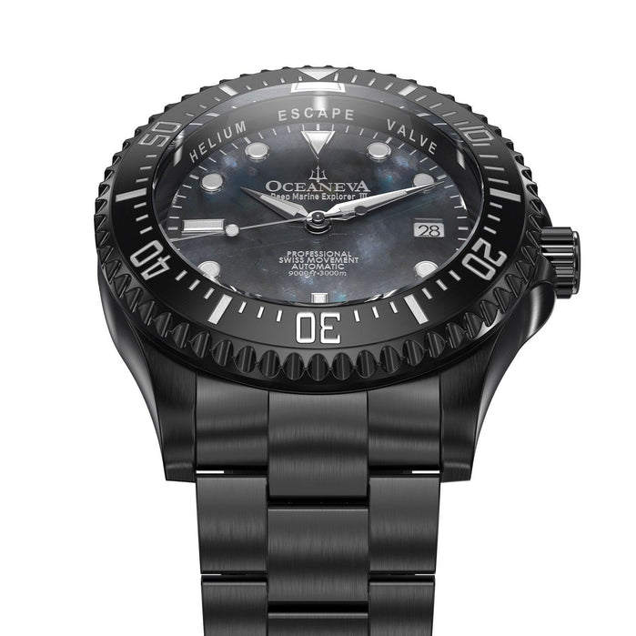 Oceaneva Deep Marine Explorer III Automatic 3000M Pro Diver Black Gray Mother Of Pearl Limited Edition angled shot picture