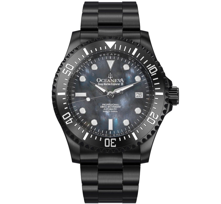 Oceaneva Deep Marine Explorer III Automatic 3000M Pro Diver Black Gray Mother Of Pearl Limited Edition - Watches.com - BKIIIGMMP200BK