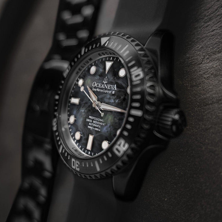 Oceaneva Deep Marine Explorer III Automatic 3000M Pro Diver Black Gray Mother Of Pearl Limited Edition - Watches.com - BKIIIGMMP200BK