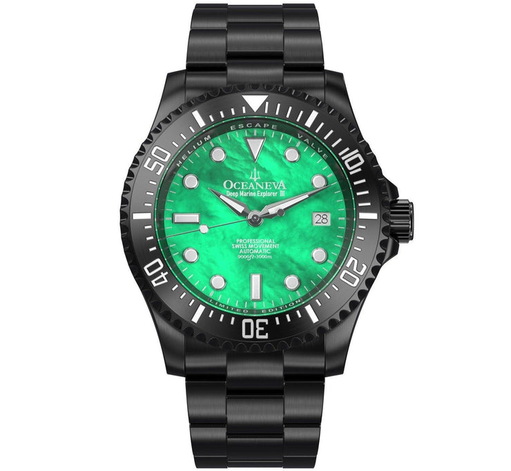 Oceaneva Deep Marine Explorer III Automatic 3000M Pro Diver Black Green Mother Of Pearl Limited Edition - Watches.com - BKIIIGRMP200BK