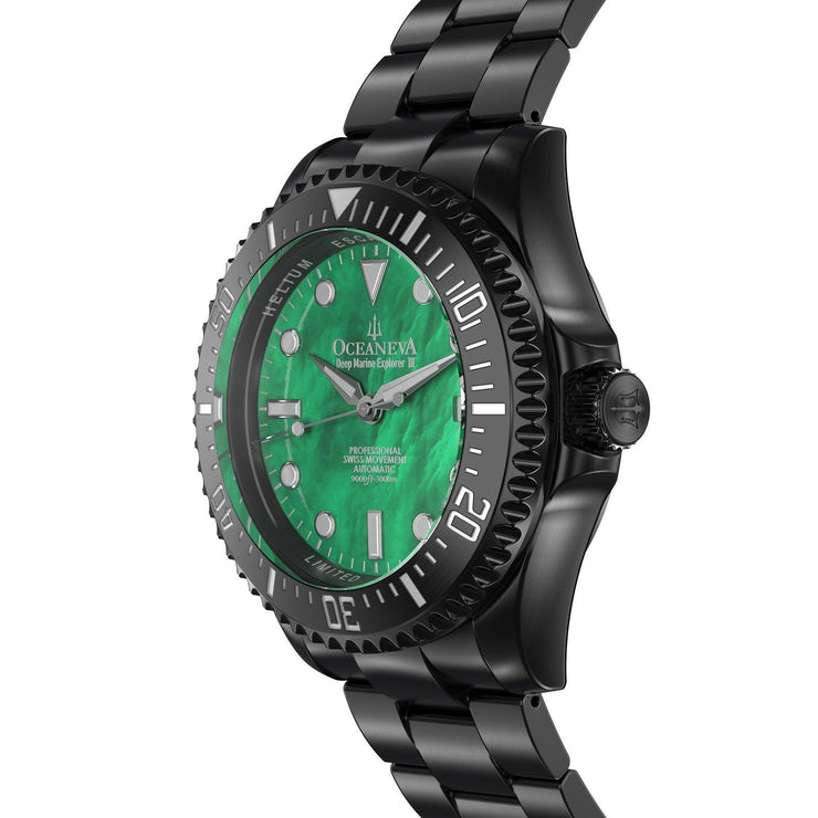 Oceaneva Deep Marine Explorer III Automatic 3000M Pro Diver Black Green Mother Of Pearl Limited Edition - Watches.com - BKIIIGRMP200BK