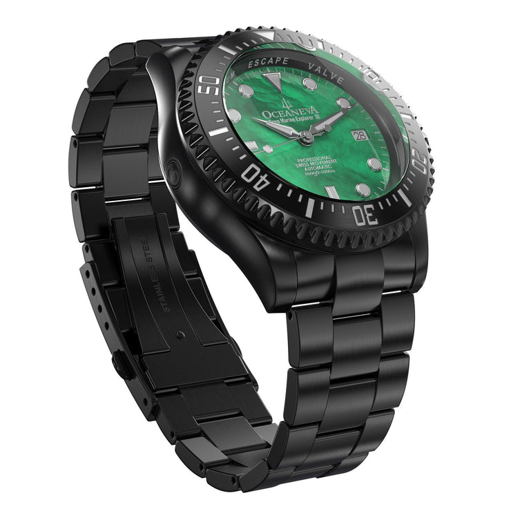 Oceaneva Deep Marine Explorer III Automatic 3000M Pro Diver Black Green Mother Of Pearl Limited Edition - Watches.com - BKIIIGRMP200BK