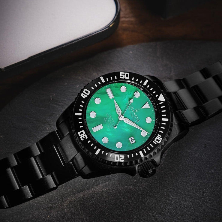 Oceaneva Deep Marine Explorer III Automatic 3000M Pro Diver Black Green Mother Of Pearl Limited Edition - Watches.com - BKIIIGRMP200BK