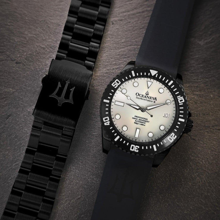 Oceaneva Deep Marine Explorer III Automatic 3000M Pro Diver Black White Mother Of Pearl Limited Edition - Watches.com - BKIIIWMP200BK