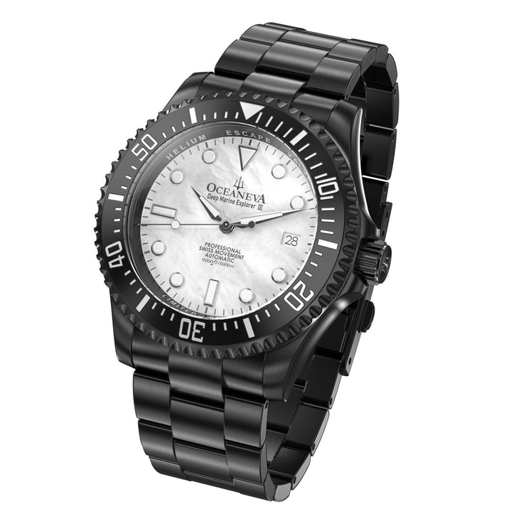 Oceaneva Deep Marine Explorer III Automatic 3000M Pro Diver Black White Mother Of Pearl Limited Edition - Watches.com - BKIIIWMP200BK