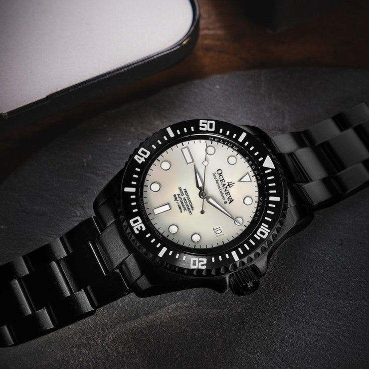 Oceaneva Deep Marine Explorer III Automatic 3000M Pro Diver Black White Mother Of Pearl Limited Edition - Watches.com - BKIIIWMP200BK