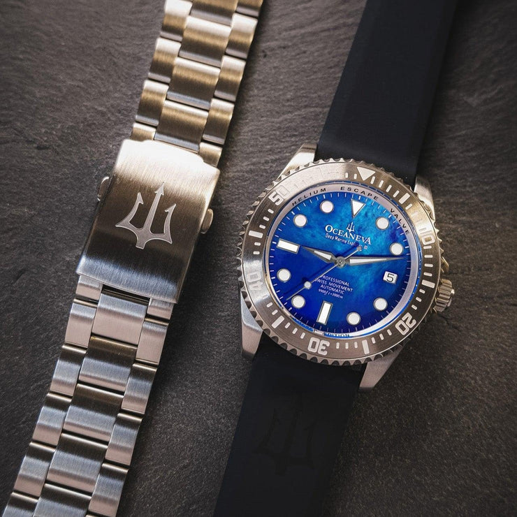 Oceaneva Deep Marine Explorer III Automatic 3000M Pro Diver Blue Mother Of Pearl Limited Edition - Watches.com - BKIIIBLMP200ST