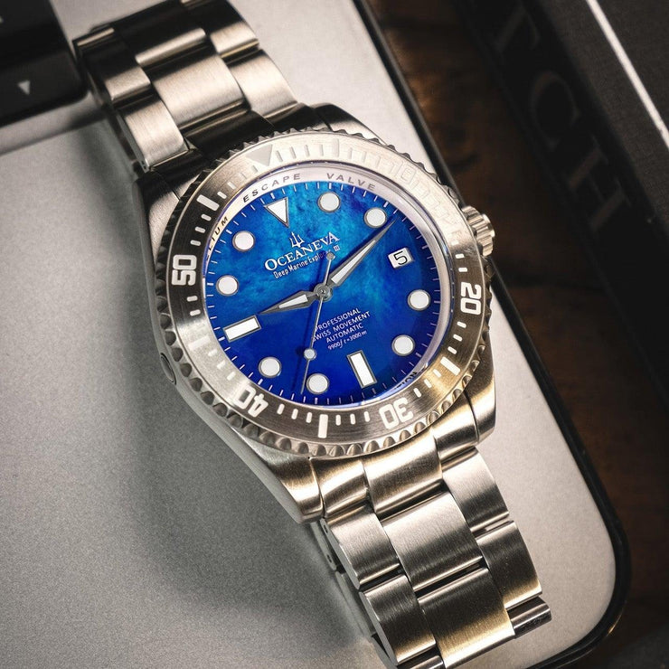 Oceaneva Deep Marine Explorer III Automatic 3000M Pro Diver Blue Mother Of Pearl Limited Edition - Watches.com - BKIIIBLMP200ST