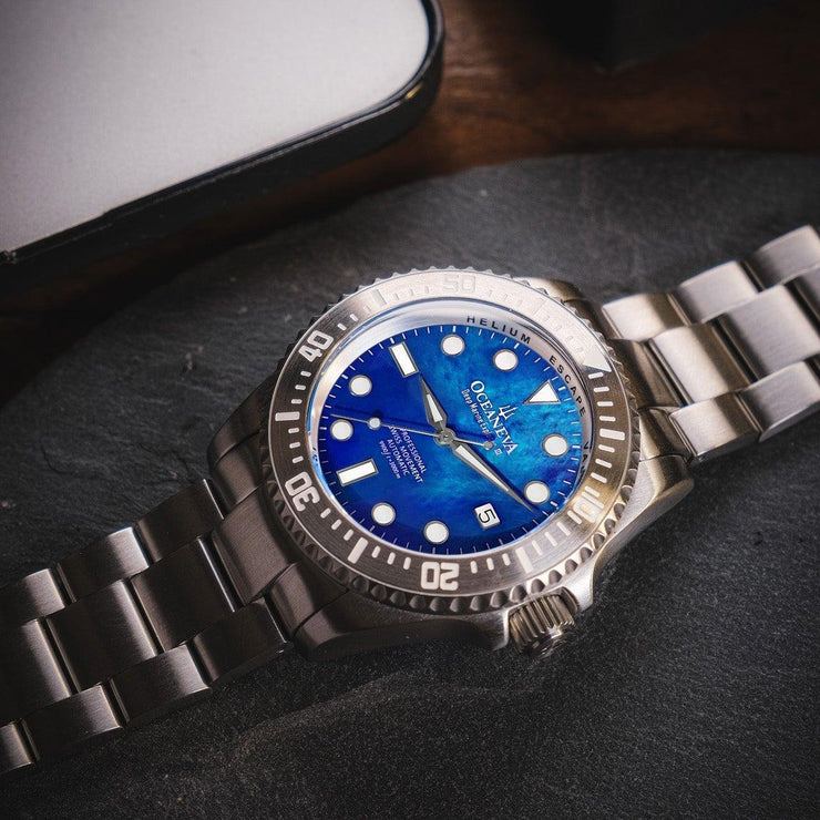 Oceaneva Deep Marine Explorer III Automatic 3000M Pro Diver Blue Mother Of Pearl Limited Edition - Watches.com - BKIIIBLMP200ST