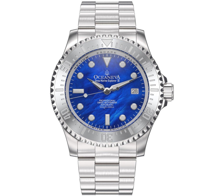 Oceaneva Deep Marine Explorer III Automatic 3000M Pro Diver Blue Mother Of Pearl Limited Edition - Watches.com - BKIIIBLMP200ST