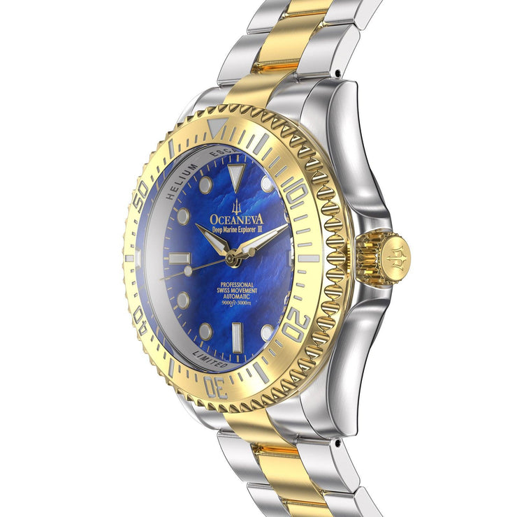 Oceaneva Deep Marine Explorer III Automatic 3000M Pro Diver Gold Blue Mother of Pearl Limited Edition - Watches.com - YGIIIBLMP200BK