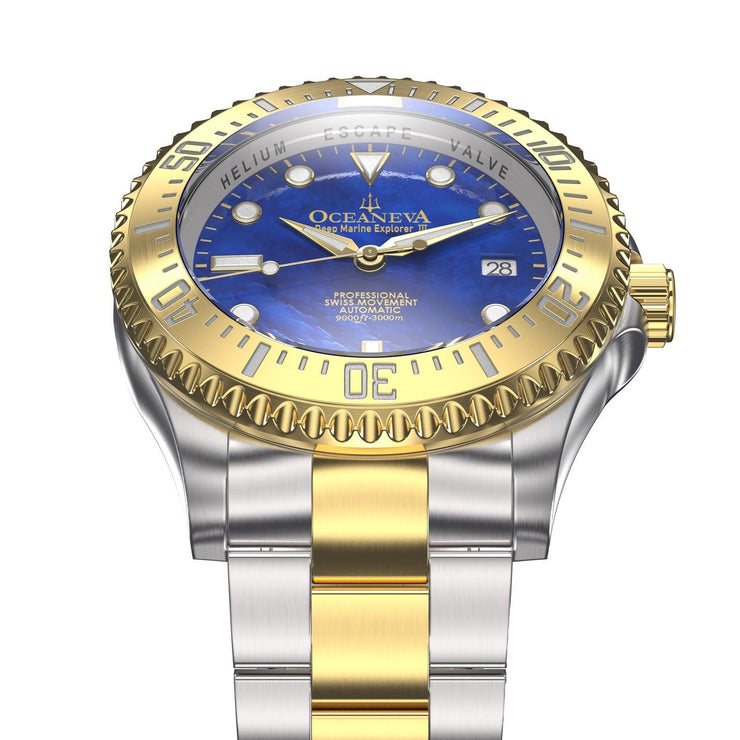 Oceaneva Deep Marine Explorer III Automatic 3000M Pro Diver Gold Blue Mother of Pearl Limited Edition - Watches.com - YGIIIBLMP200BK