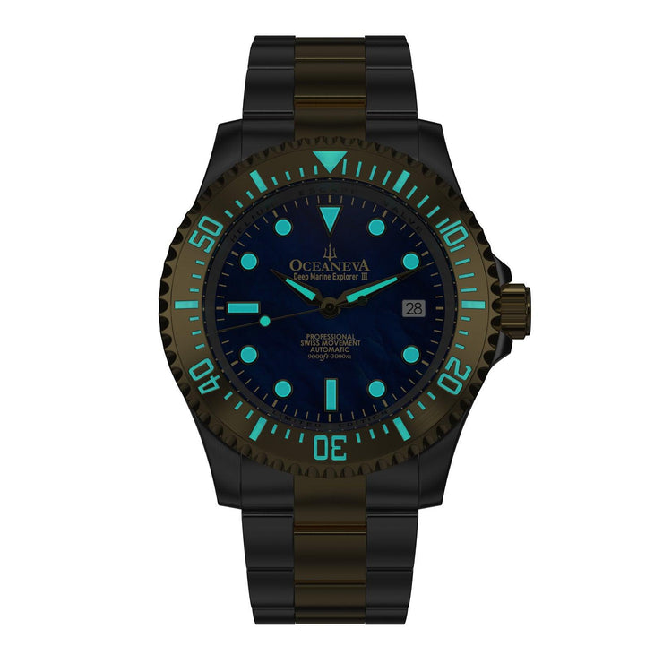 Oceaneva Deep Marine Explorer III Automatic 3000M Pro Diver Gold Blue Mother of Pearl Limited Edition - Watches.com - YGIIIBLMP200BK