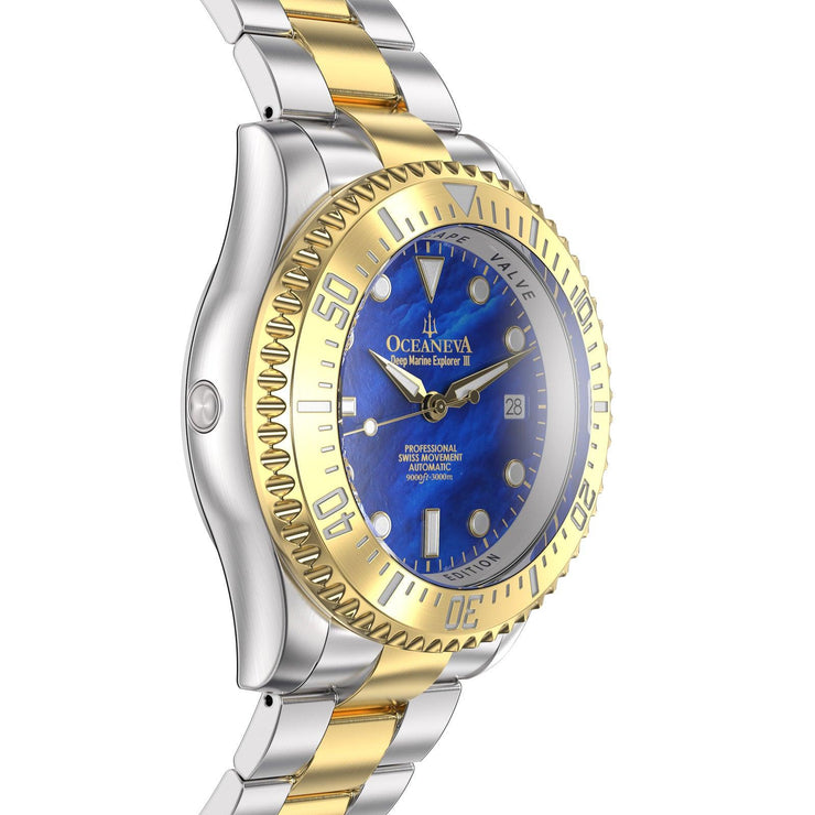 Oceaneva Deep Marine Explorer III Automatic 3000M Pro Diver Gold Blue Mother of Pearl Limited Edition - Watches.com - YGIIIBLMP200BK