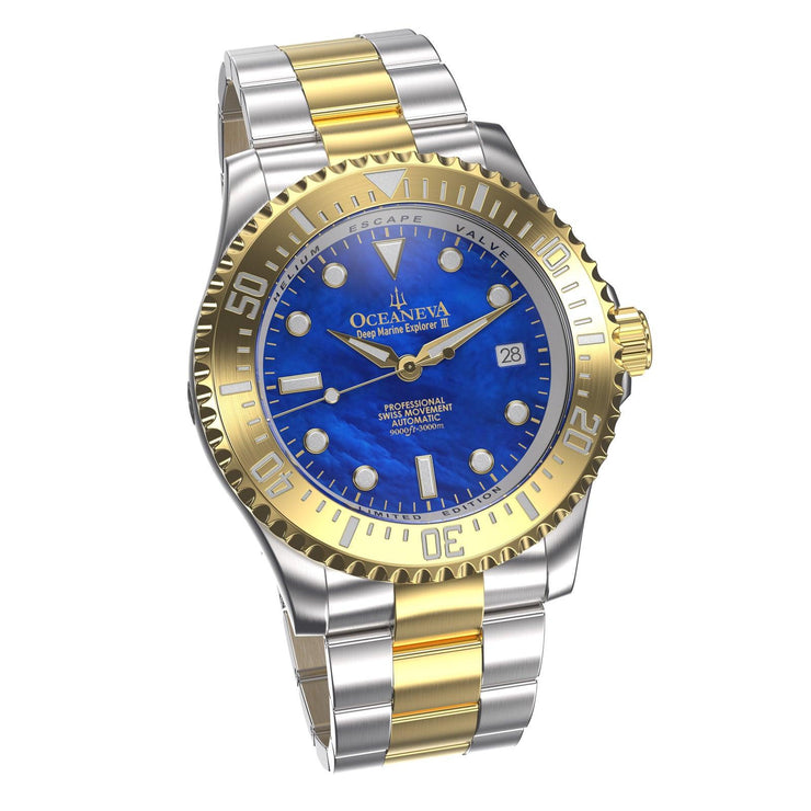 Oceaneva Deep Marine Explorer III Automatic 3000M Pro Diver Gold Blue Mother of Pearl Limited Edition - Watches.com - YGIIIBLMP200BK