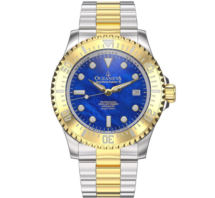 Oceaneva Deep Marine Explorer III Automatic 3000M Pro Diver Gold Blue Mother of Pearl Limited Edition - Watches.com - YGIIIBLMP200BK