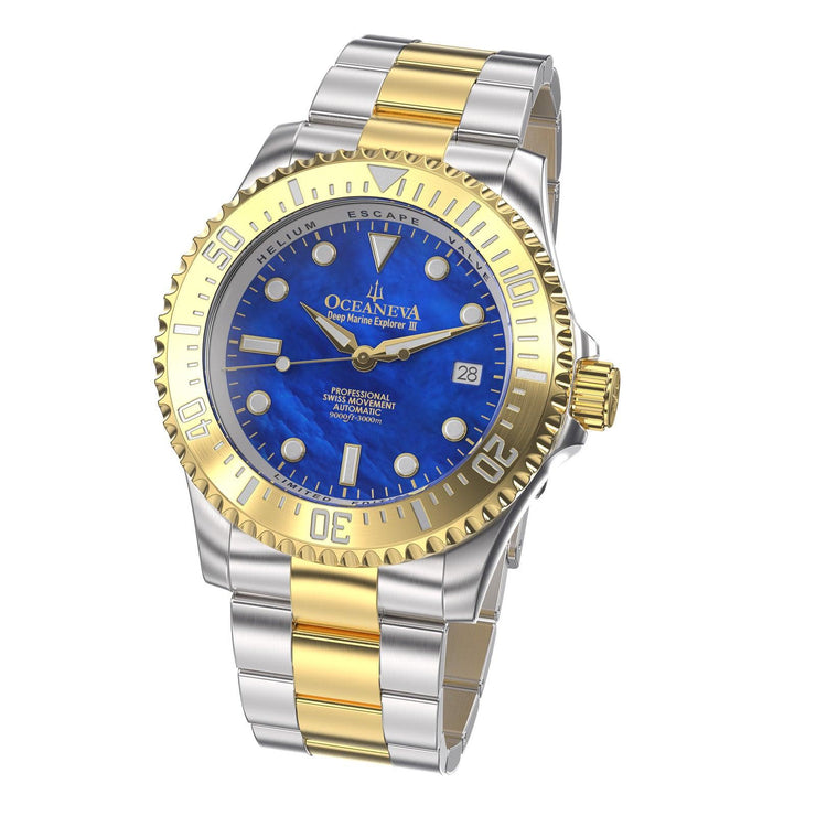 Oceaneva Deep Marine Explorer III Automatic 3000M Pro Diver Gold Blue Mother of Pearl Limited Edition - Watches.com - YGIIIBLMP200BK