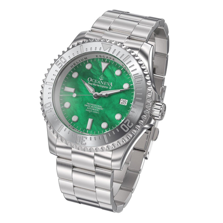 Oceaneva Deep Marine Explorer III Automatic 3000M Pro Diver Green Mother Of Pearl Limited Edition - Watches.com - STIIIGRMP200ST