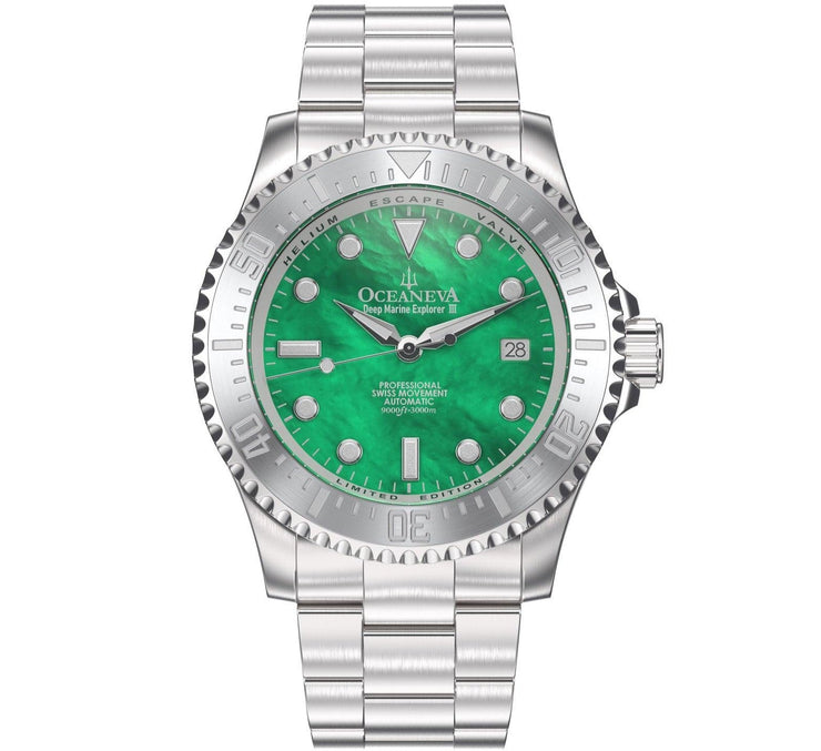 Oceaneva Deep Marine Explorer III Automatic 3000M Pro Diver Green Mother Of Pearl Limited Edition - Watches.com - STIIIGRMP200ST