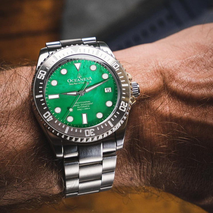 Oceaneva Deep Marine Explorer III Automatic 3000M Pro Diver Green Mother Of Pearl Limited Edition - Watches.com - STIIIGRMP200ST