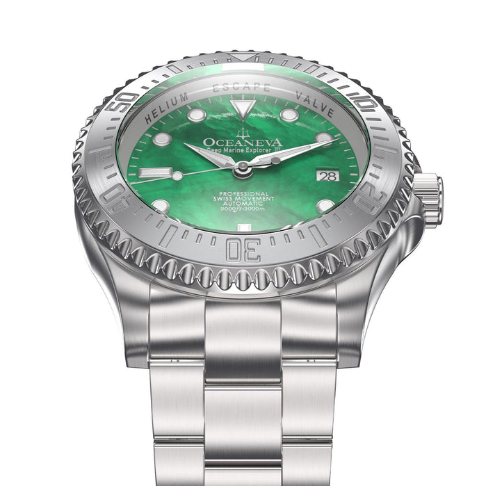 Oceaneva Deep Marine Explorer III Automatic 3000M Pro Diver Green Mother Of Pearl Limited Edition angled shot picture