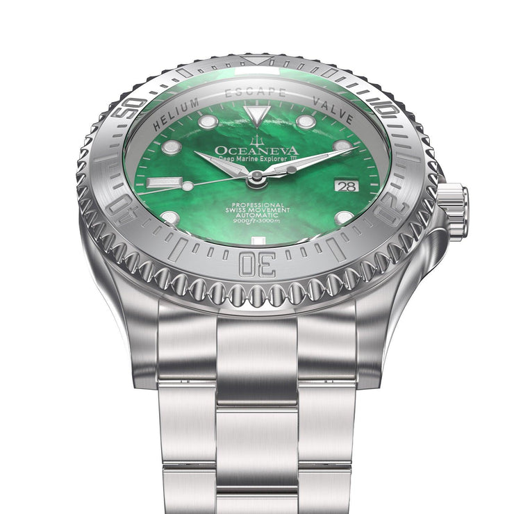 Oceaneva Deep Marine Explorer III Automatic 3000M Pro Diver Green Mother Of Pearl Limited Edition - Watches.com - STIIIGRMP200ST