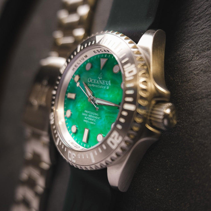 Oceaneva Deep Marine Explorer III Automatic 3000M Pro Diver Green Mother Of Pearl Limited Edition - Watches.com - STIIIGRMP200ST