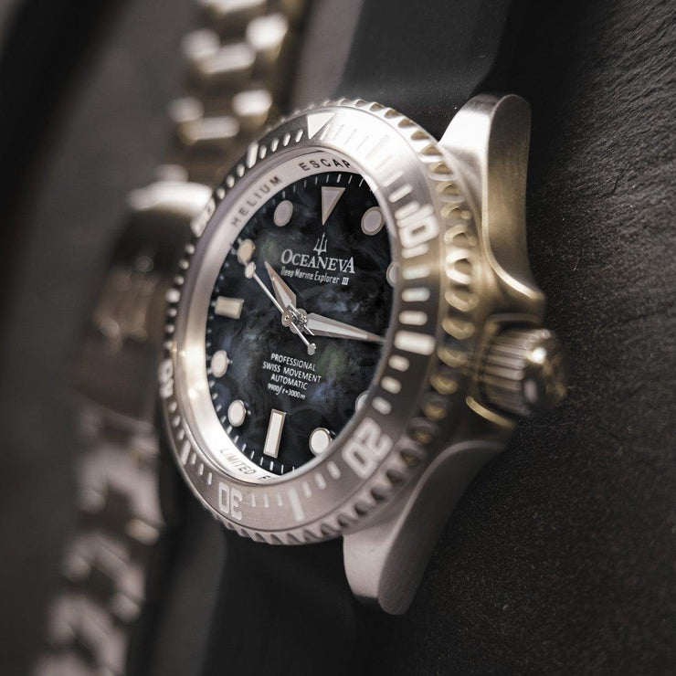 Oceaneva Deep Marine Explorer III Automatic 3000M Pro Diver Gunmetal Gray Mother Of Pearl Limited Edition - Watches.com - STIIIGMMP200ST