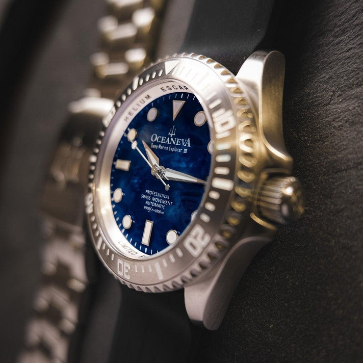 Oceaneva Deep Marine Explorer III Automatic 3000M Pro Diver Navy Mother Of Pearl Limited Edition - Watches.com - STIIINBMP200ST