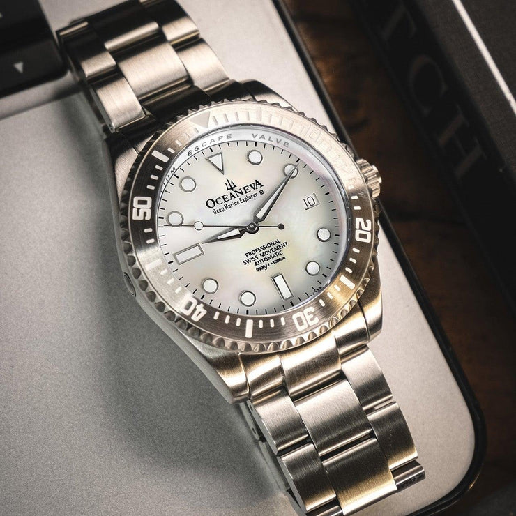 Oceaneva Deep Marine Explorer III Automatic 3000M Pro Diver White Mother Of Pearl Limited Edition - Watches.com - STIIIWMP200ST