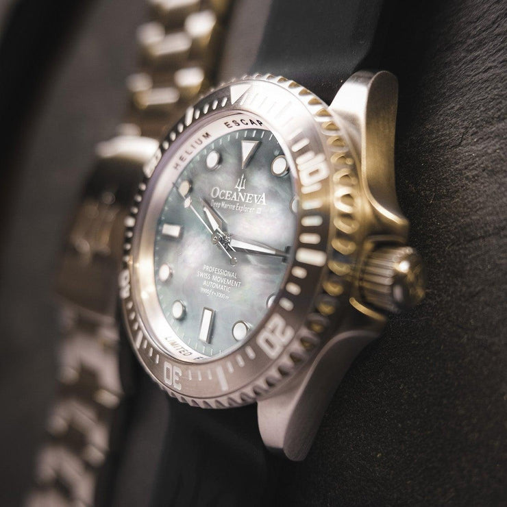 Oceaneva Deep Marine Explorer III Automatic 3000M Pro Diver White Mother Of Pearl Limited Edition - Watches.com - STIIIWMP200ST