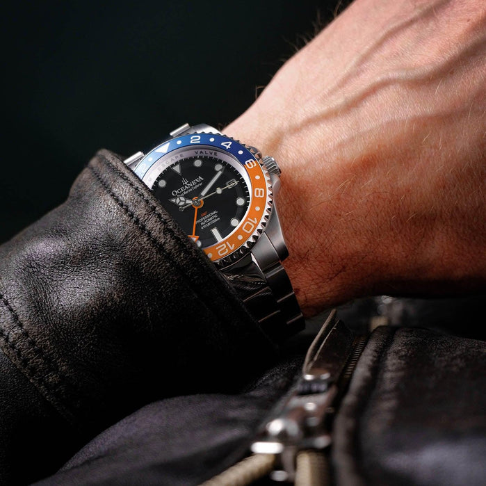 Oceaneva Deep Marine Explorer GMT Automatic 1250M Pro Diver Orange Blue angled shot picture