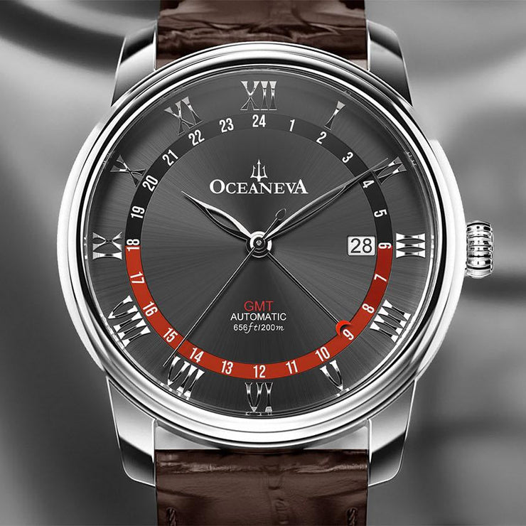 Oceaneva OceanTrek GMT 200m Automatic Black Brown - Watches.com - OTBK200M34NH - Brown Strap