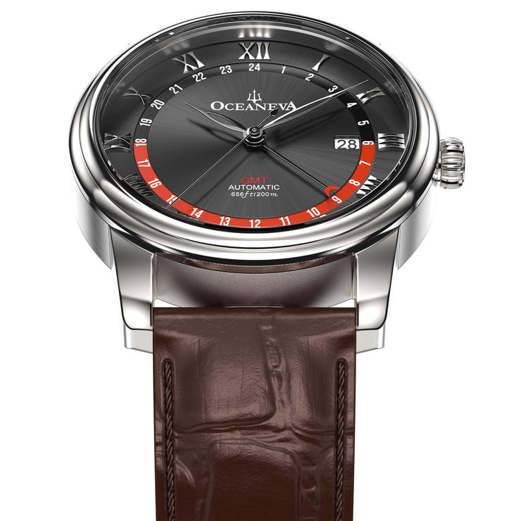 Oceaneva OceanTrek GMT 200m Automatic Black Brown - Watches.com - OTBK200M34NH - Brown Strap