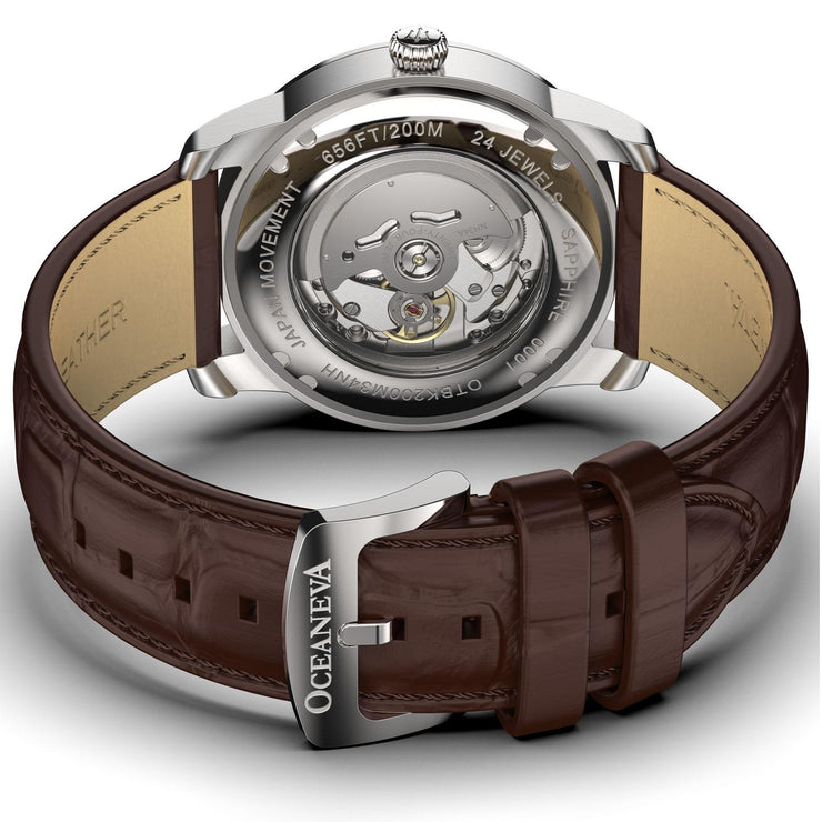 Oceaneva OceanTrek GMT 200m Automatic Black Brown - Watches.com - OTBK200M34NH - Brown Strap