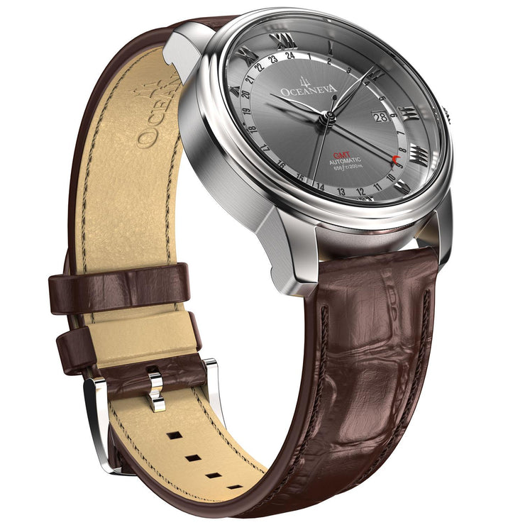 Oceaneva OceanTrek GMT 200m Automatic Gray Brown - Watches.com - OTGRY200M34NH - Brown strap