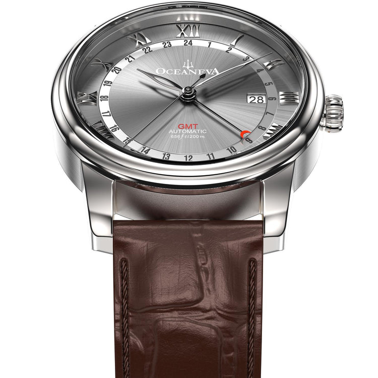 Oceaneva OceanTrek GMT 200m Automatic Gray Brown - Watches.com - OTGRY200M34NH - Brown strap