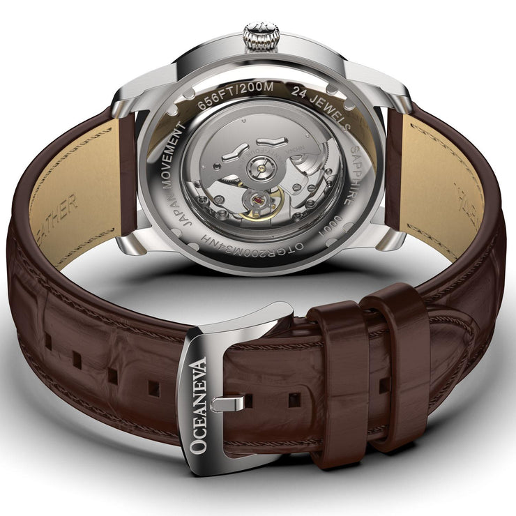 Oceaneva OceanTrek GMT 200m Automatic Green Brown - Watches.com - OTGR200M34NH - Brown Strap