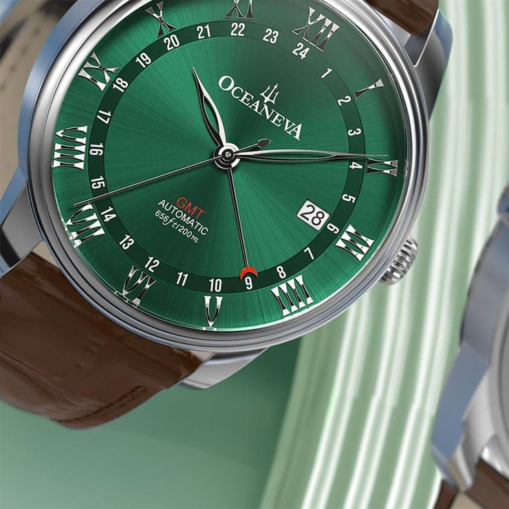 Oceaneva OceanTrek GMT 200m Automatic Green Brown - Watches.com - OTGR200M34NH - Brown Strap