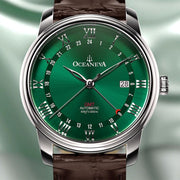 Oceaneva OceanTrek GMT 200m Automatic Green Brown - Watches.com - OTGR200M34NH - Brown Strap