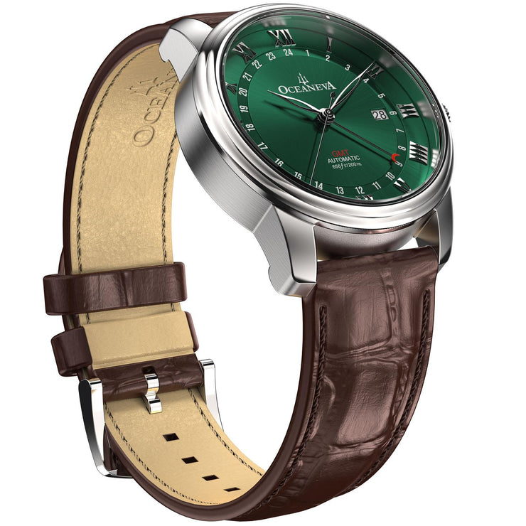 Oceaneva OceanTrek GMT 200m Automatic Green Brown - Watches.com - OTGR200M34NH - Brown Strap