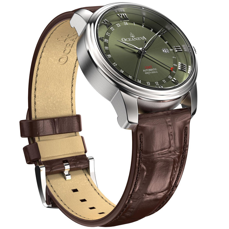 Oceaneva OceanTrek GMT 200m Automatic Olive Brown - Watches.com - OTOD200M34NH - brown strap