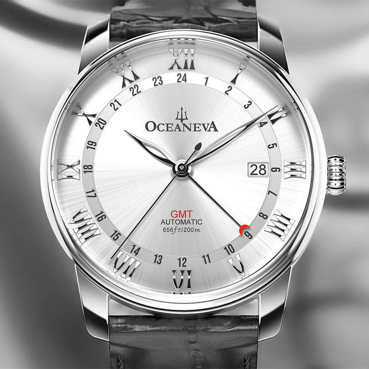 Oceaneva OceanTrek GMT 200m Automatic Silver Black - Watches.com - OTSV200M34NH - Black strap