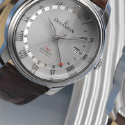 Oceaneva OceanTrek GMT 200m Automatic Silver Brown - Watches.com - OTSV200M34NH - Brown strap