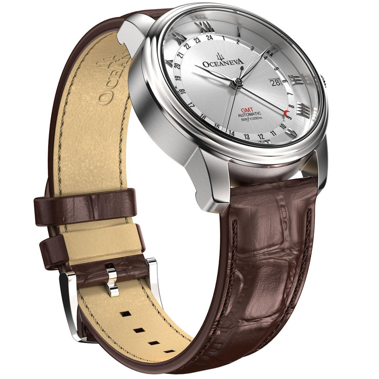 Oceaneva OceanTrek GMT 200m Automatic Silver Brown - Watches.com - OTSV200M34NH - Brown strap