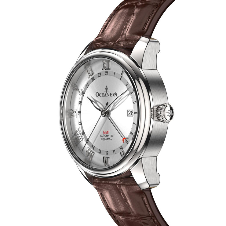 Oceaneva OceanTrek GMT 200m Automatic Silver Brown - Watches.com - OTSV200M34NH - Brown strap