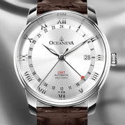 Oceaneva OceanTrek GMT 200m Automatic Silver Brown - Watches.com - OTSV200M34NH - Brown strap