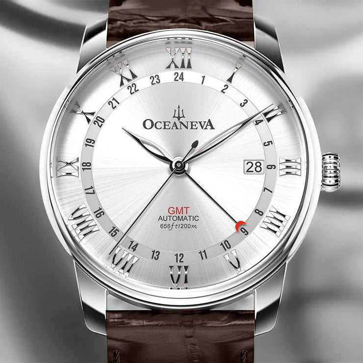 Oceaneva OceanTrek GMT 200m Automatic Silver Brown - Watches.com - OTSV200M34NH - Brown strap